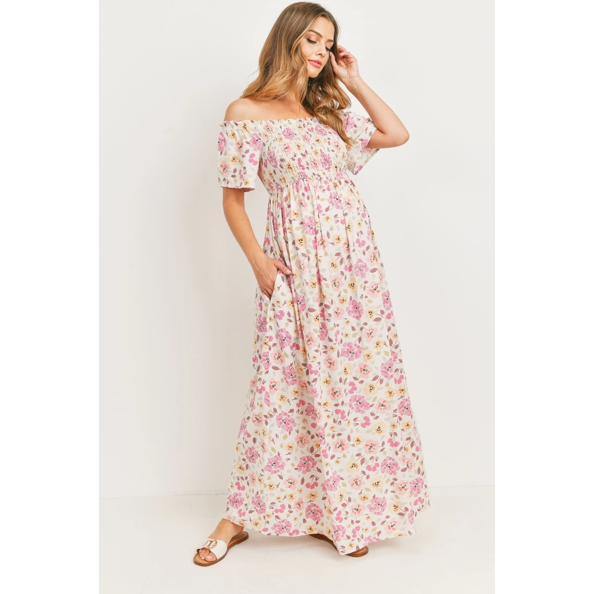 Floral Off-Shoulder Maxi Dress W/Pockets - Image 3