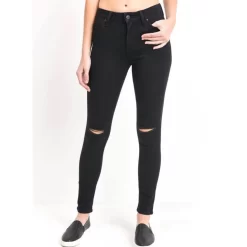 High Rise Knee Slit Skinny Jeans - Black