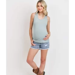 Solid Rib Maternity Basic Tank Top - Sage