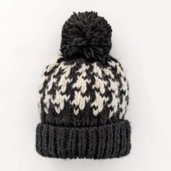 Houndstooth Hand Knit Pom Beanie Hat