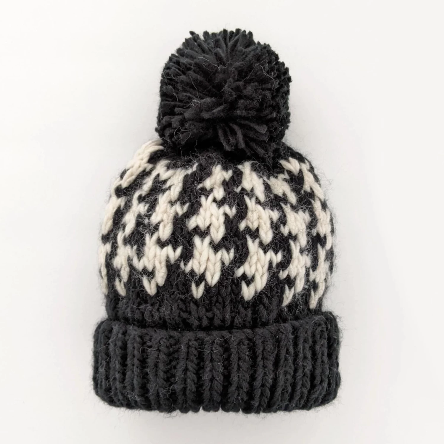 Houndstooth Hand Knit Pom Beanie Hat