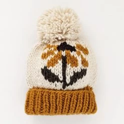 Coneflower Gold Hand Knit Pom Beanie Hat