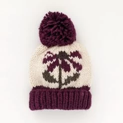 Coneflower Plum Hand Knit Pom Beanie Hat