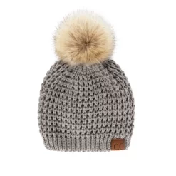 C.C. Womens Solid Waffle Stitch Fur Pom Beanie - Grey