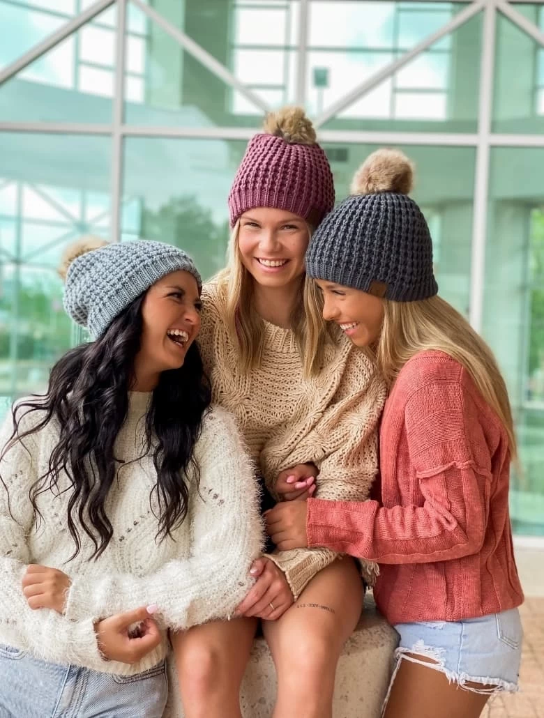 C.C. Womens Solid Waffle Stitch Fur Pom Beanie - Black - Image 2