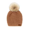 C.C. Womens Solid Waffle Stitch Fur Pom Beanie - Toasted Almond