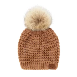 C.C. Womens Solid Waffle Stitch Fur Pom Beanie - Toasted Almond