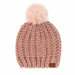 C.C. Womens Solid Waffle Stitch Fur Pom Beanie - Tan Rose