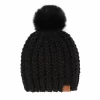 C.C. Womens Solid Waffle Stitch Fur Pom Beanie - Black