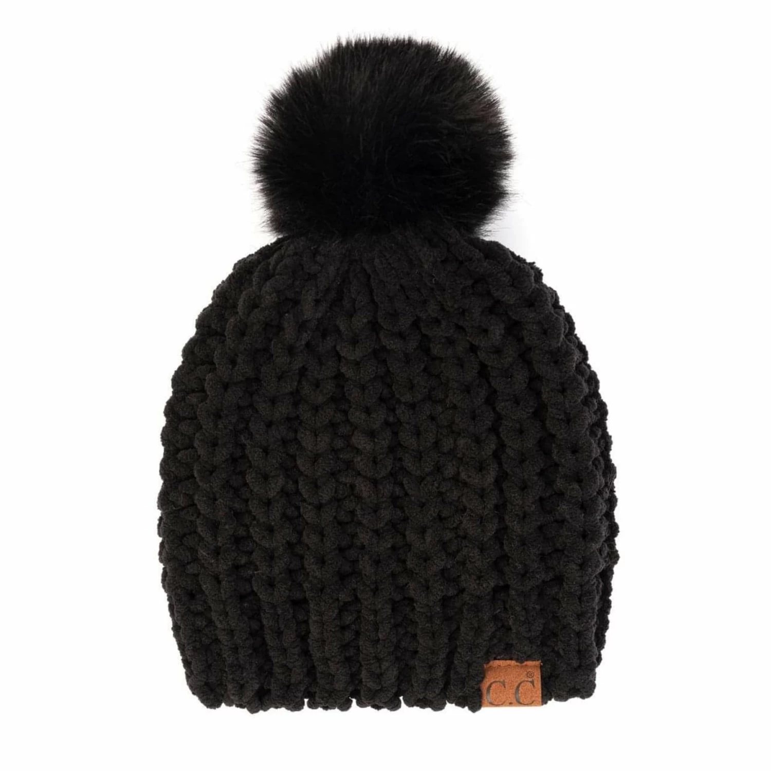 C.C. Womens Solid Waffle Stitch Fur Pom Beanie - Black