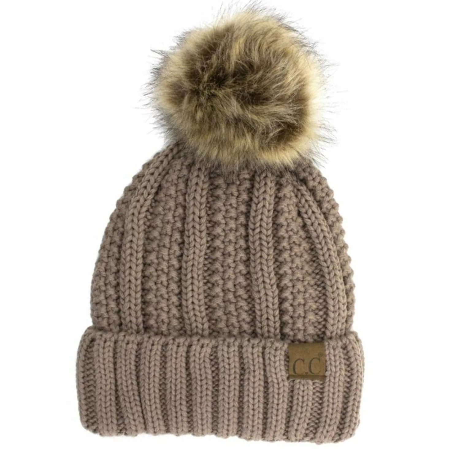 C.C. Womens 2 Stitched Fur Pom Beanie - Taupe