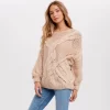 Oversized Chunky Cable Pullover Sweater - Taupe