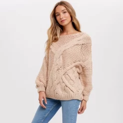 Oversized Chunky Cable Pullover Sweater - Taupe