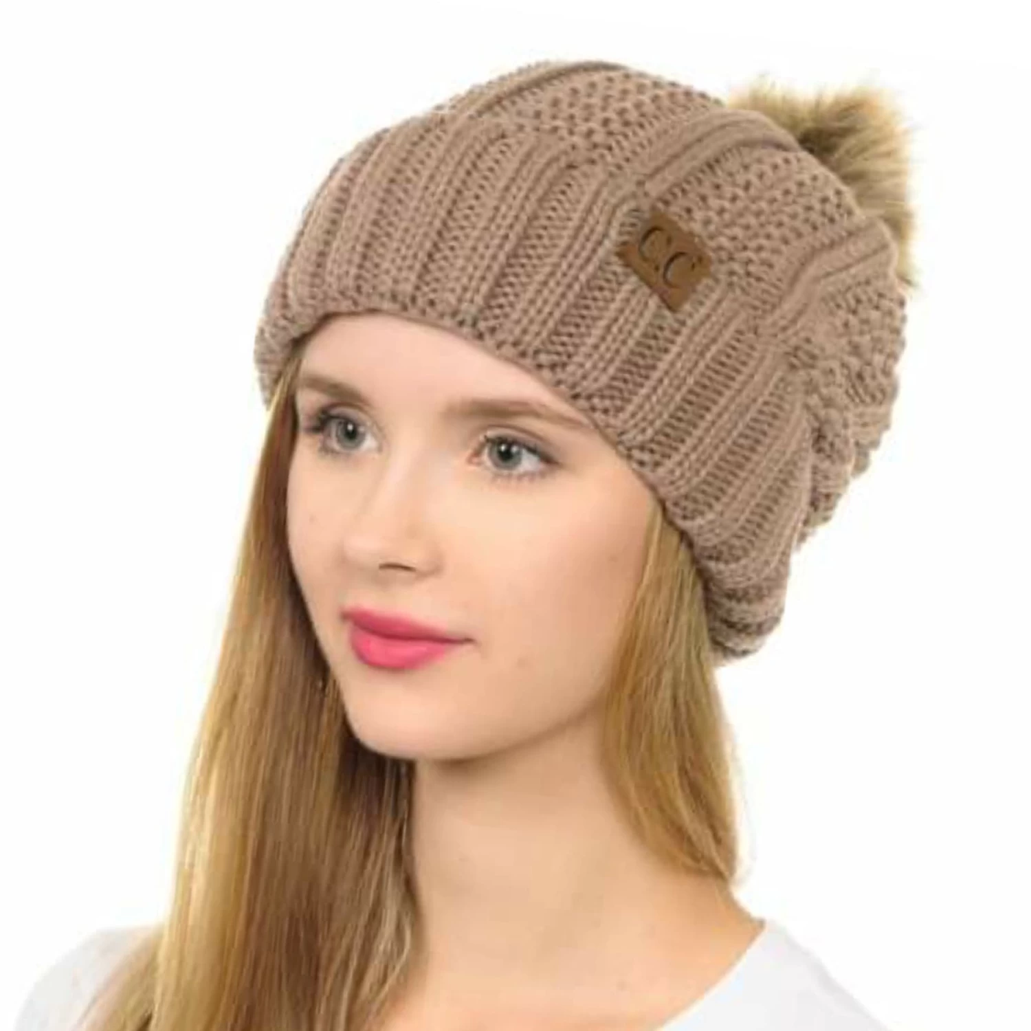 C.C. Womens 2 Stitched Fur Pom Beanie - Taupe - Image 3