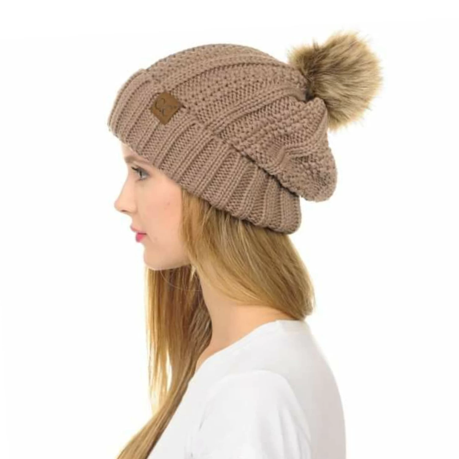C.C. Womens 2 Stitched Fur Pom Beanie - Taupe - Image 2
