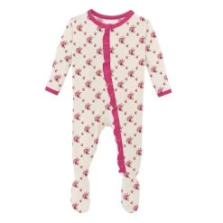 KicKee Pants Classic Ruffle Footie With Zipper - Natural Rose Trellis