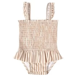 Quincy Mae Smocked One-Piece Swimsuit - Latte Stripe