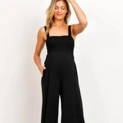 Square Neck Smocked Maternity Jumpsuit