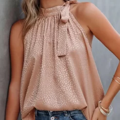 Pink Sleeveless Tie Mock Neck Leopard Tank Top