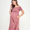 Smocked Off Shoulder Maternity Midi Dress