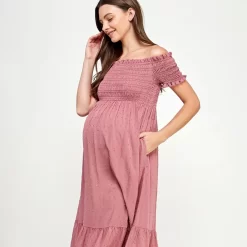 Smocked Off Shoulder Maternity Midi Dress