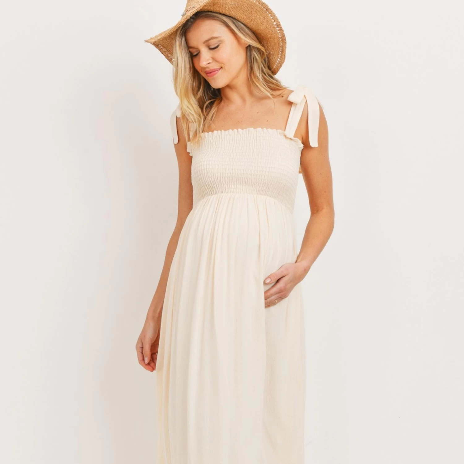 Tie Shoulder Sleeveless Smocking Maternity Dress