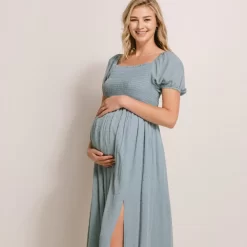 Swiss Dot Smocking Maternity Maxi Dress
