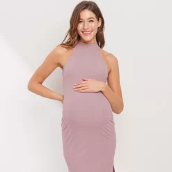Halter Maternity Midi Dress With Side Slit-Keyhole Back