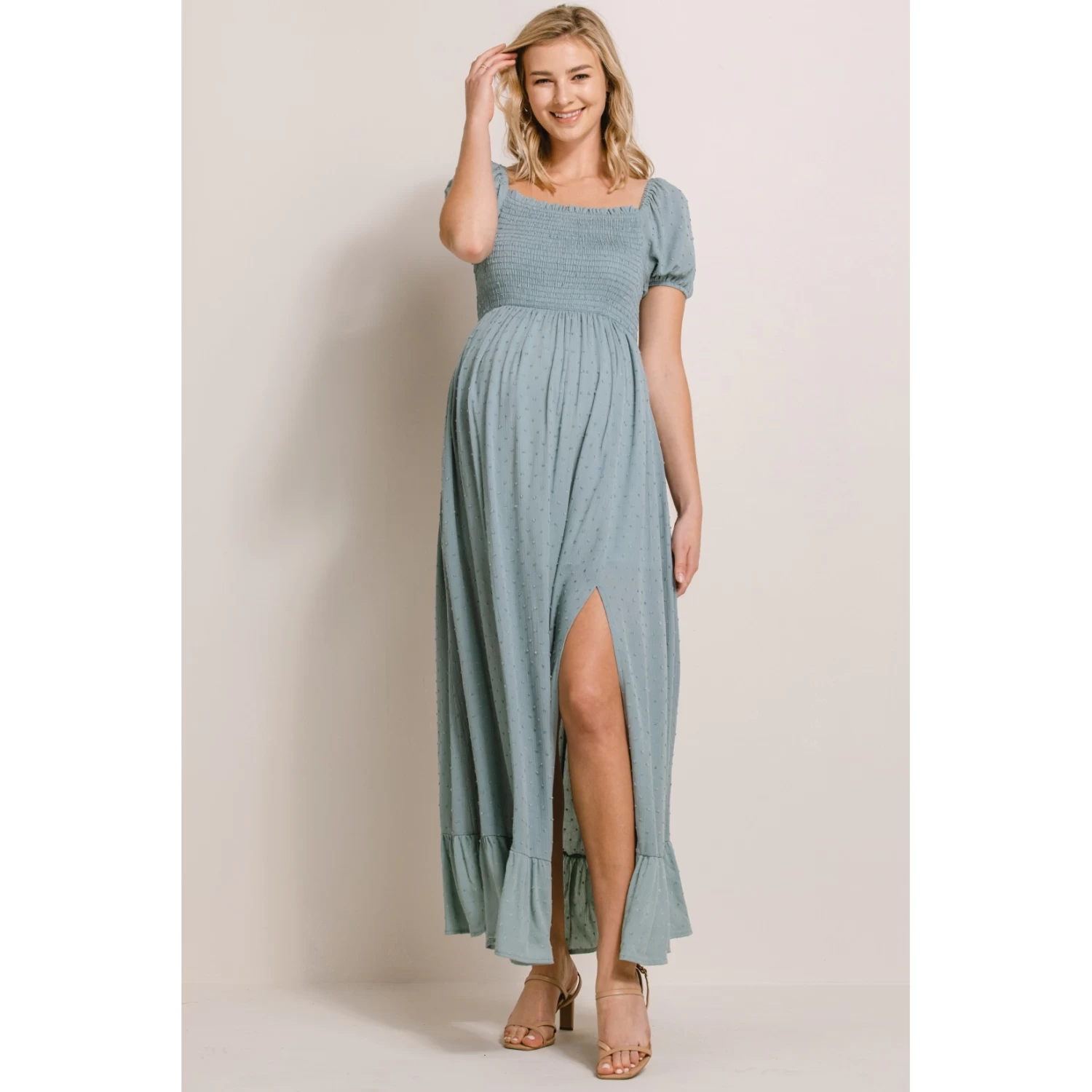 Swiss Dot Smocking Maternity Maxi Dress - Image 2