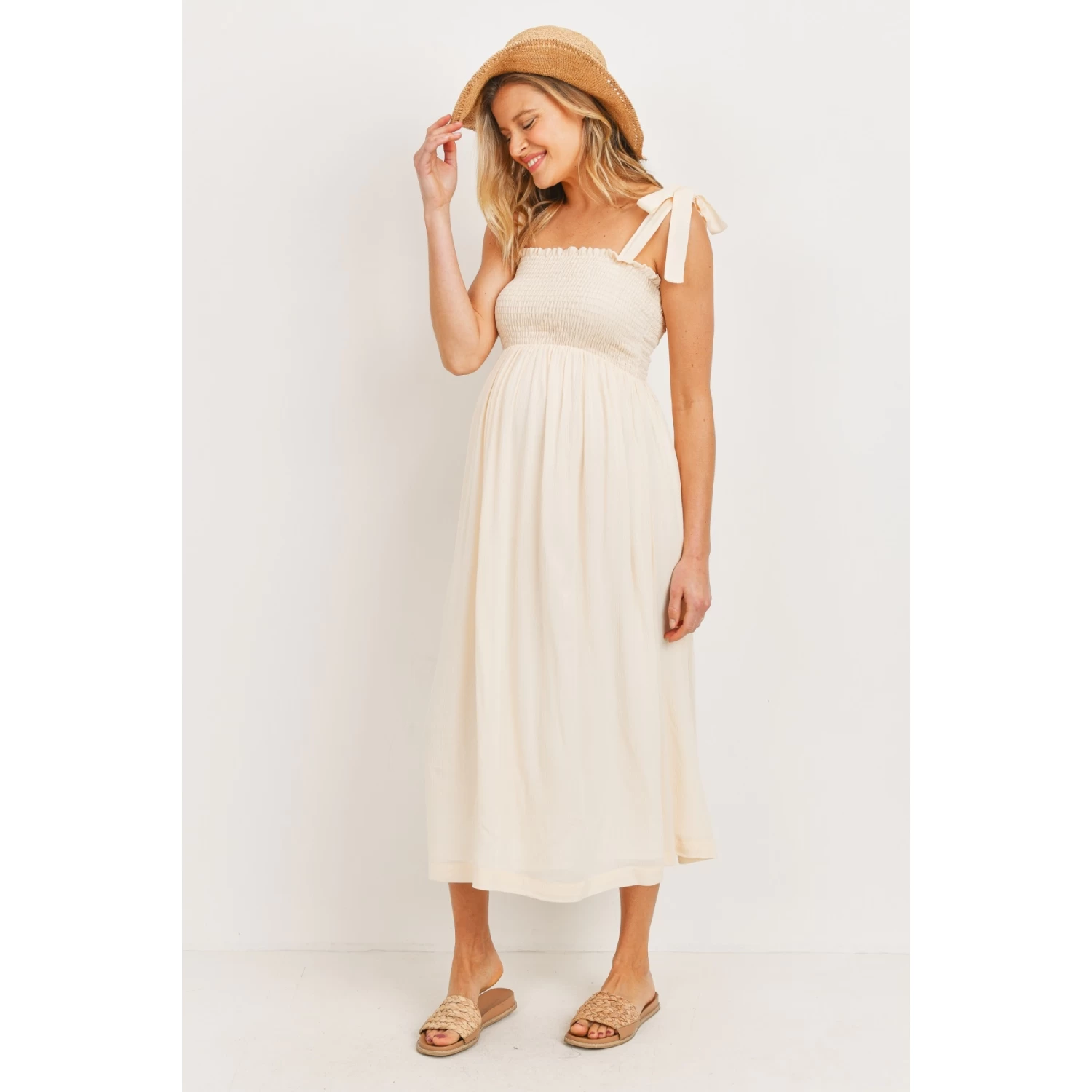 Tie Shoulder Sleeveless Smocking Maternity Dress - Image 3