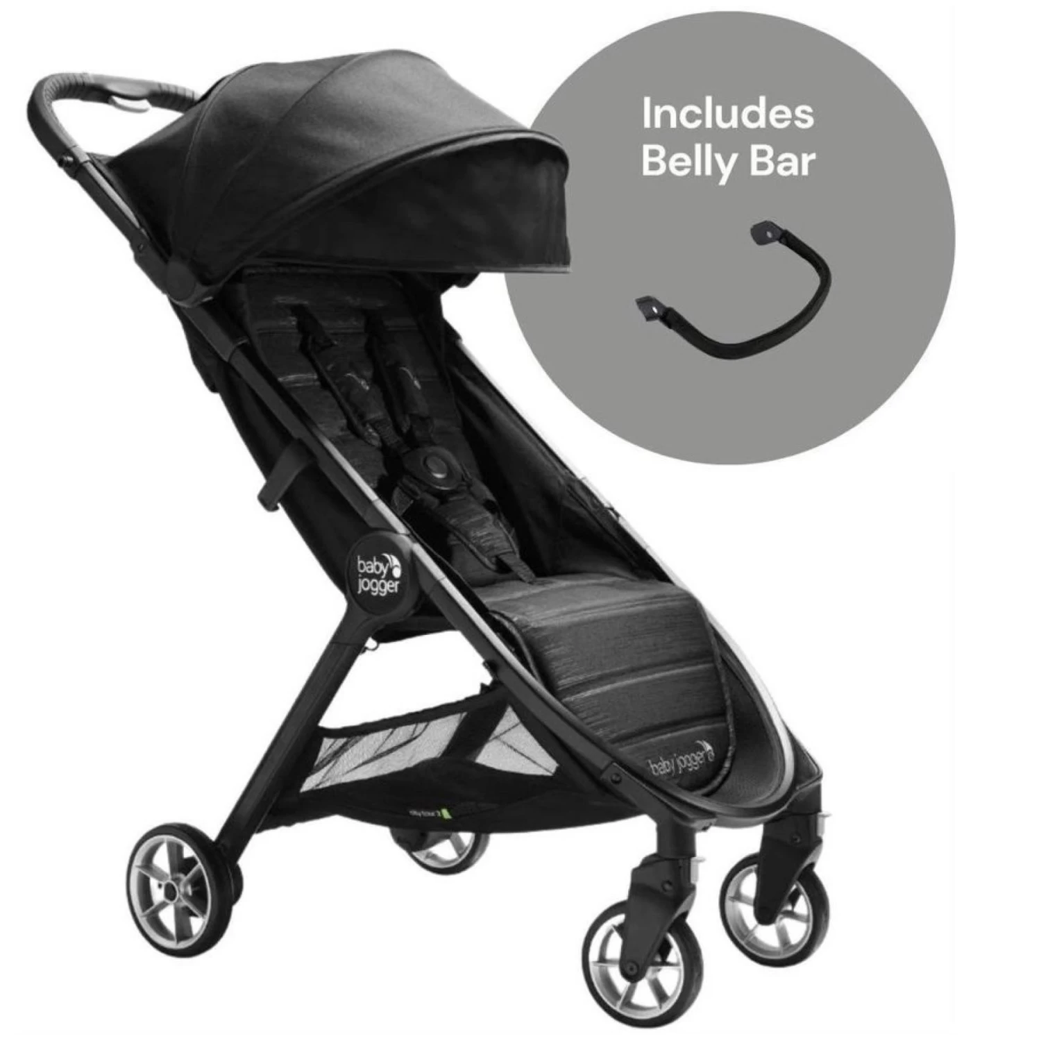 Baby Jogger City Tour 2 Ultra-Compact Travel Stroller + Belly Bar Bundle - Jet