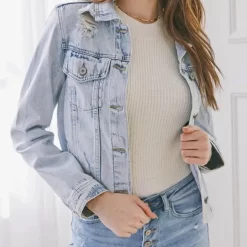 KanCan Womens Distressed Light Denim Jacket
