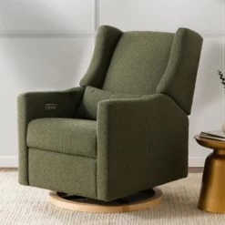 Babyletto Kiwi Electronic Recliner And Swivel Glider - Olive Boucle With Light Wood Base