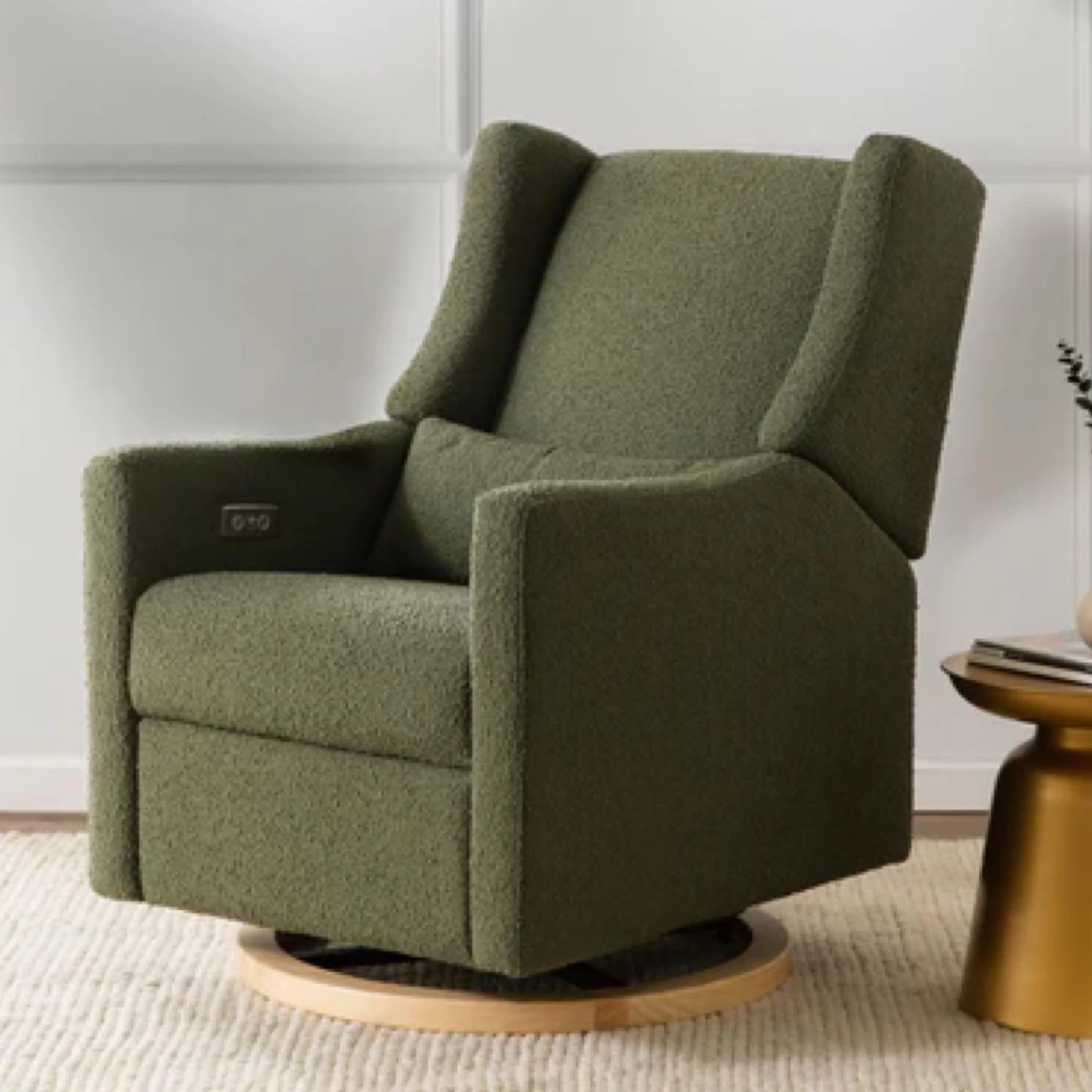 Babyletto Kiwi Electronic Recliner And Swivel Glider - Olive Boucle With Light Wood Base
