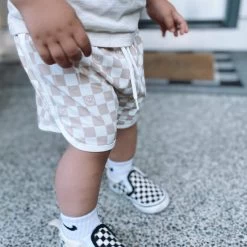 Checkered Smiley Swim Shorts - Taupe