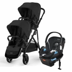 Cybex Gazelle S 2 Double Stroller + Aton 2 Travel System Bundle - Black Frame / Moon Black / Lavastone Black