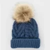 Slate Blue Cable Knit Pom Beanie