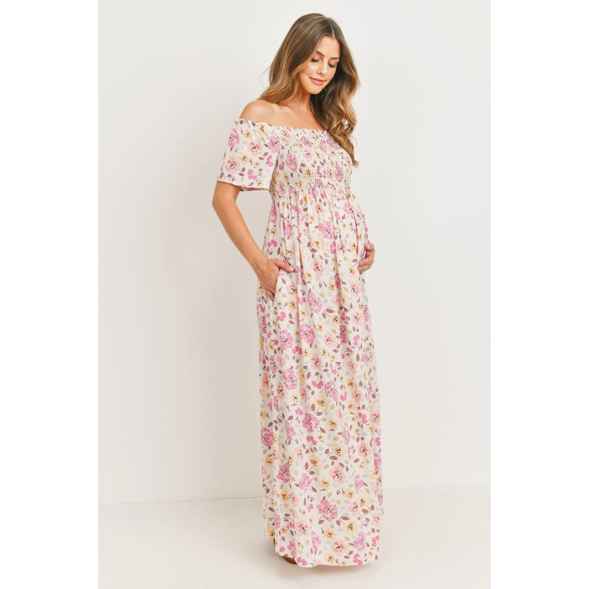 Floral Off-Shoulder Maxi Dress W/Pockets - Image 5
