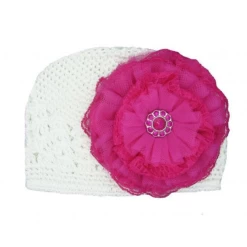 White Crochet Hat With Raspberry Lace Rose